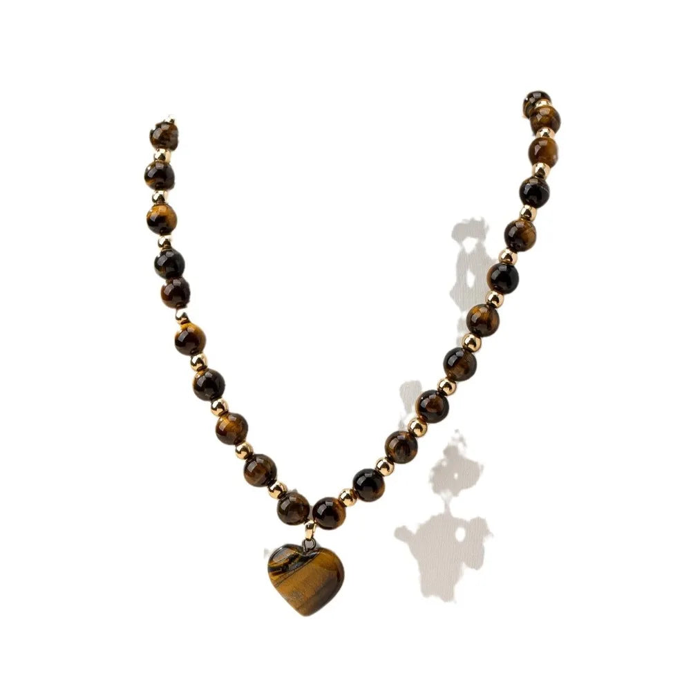 Luxurious Tiger Eye Stone Beaded Necklace for Women Men Heart Pendant High Quality Choker Elegant Style Jewelry Accessories Gift