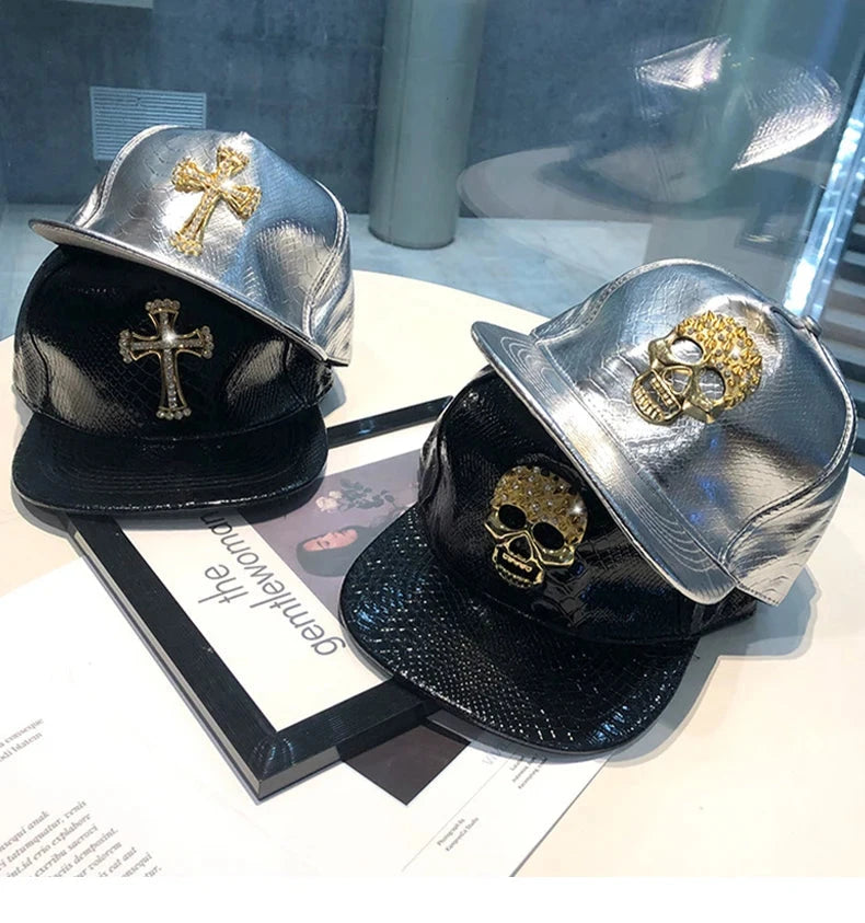 Leather Hip Hop Hat Street Personality Fashion Play Cool Baseball Cap Stage Show Hip Hop Dance Unisex Flat Brim Hats - AMULET RING STORE