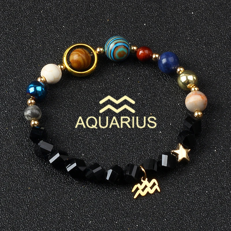 Universe Galaxy Eight Planets 12 Constellation Bracelets for Women Natural Stone Solar System Bracelets Libra Virgo Leo Jewelry