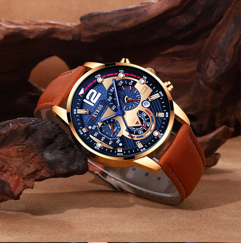 2PCS Set Fashion Mens Calendar Watches Luxury Male Business Casual Brown Leather Quartz Watch Men Bracelet Wrist Watch - AMULET RING STORE