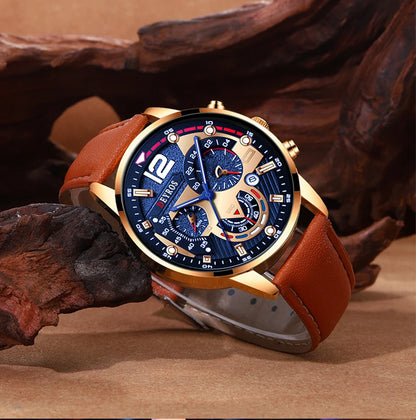 2PCS Set Fashion Mens Calendar Watches Luxury Male Business Casual Brown Leather Quartz Watch Men Bracelet Wrist Watch - AMULET RING STORE