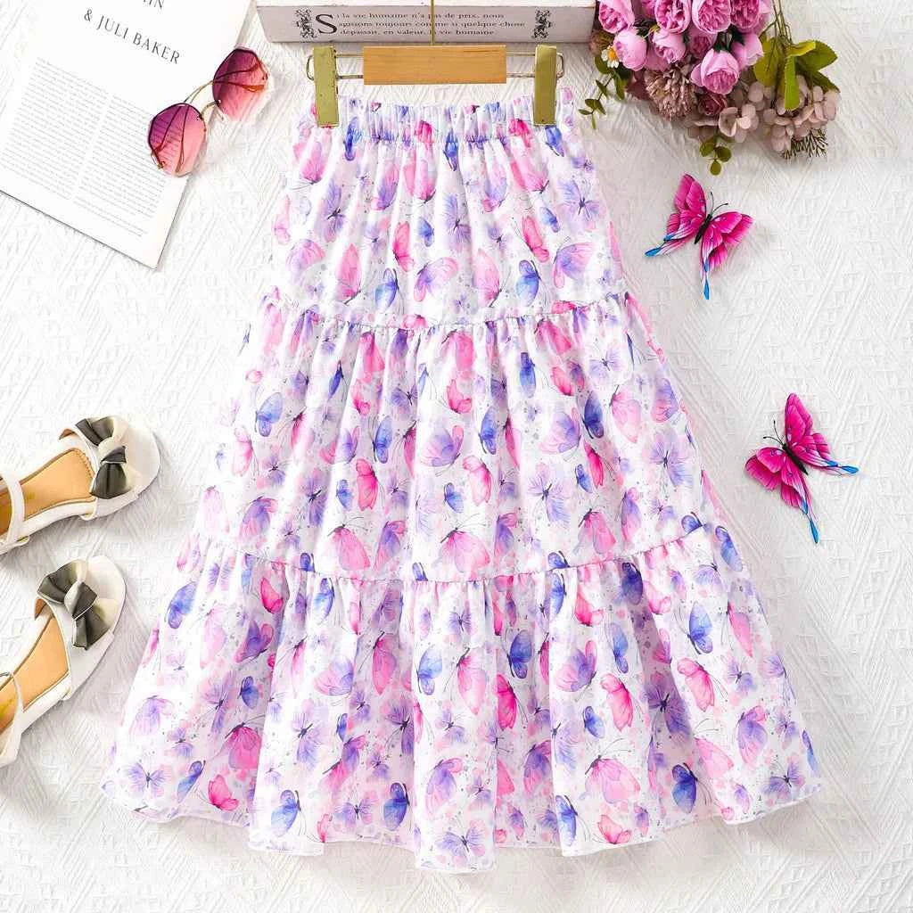 Long Skirt Teens Girls Clothing 8 9 10 11 12 Y Summer Style Casual Fashion Floral Butterfly A-Line Birthday Gift Children Skirt