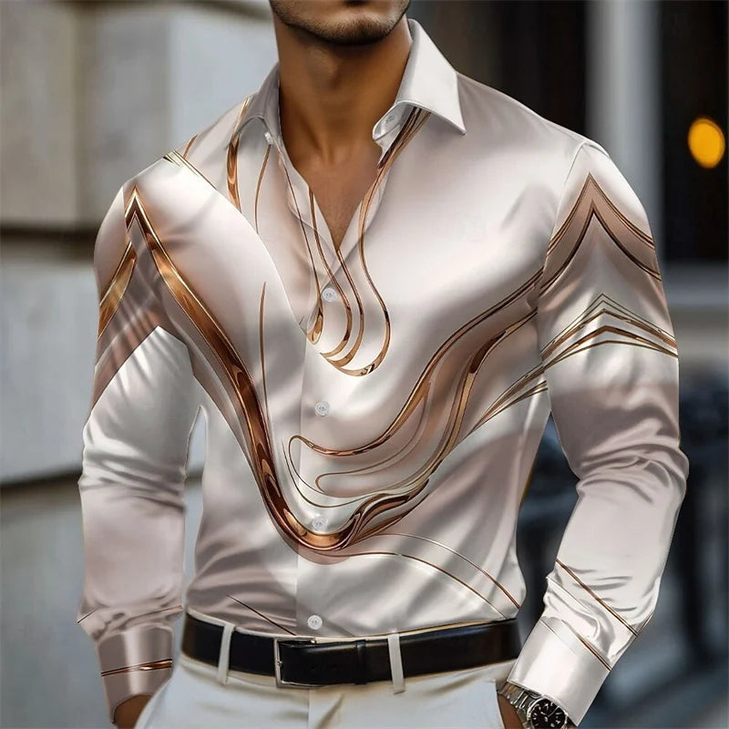 Men's Abstract Liquid Art Satin Shirt Fashion Casual Vacation Summer Spring Autumn Lapel Long Sleeve Shirt Pink Blue Gold Green