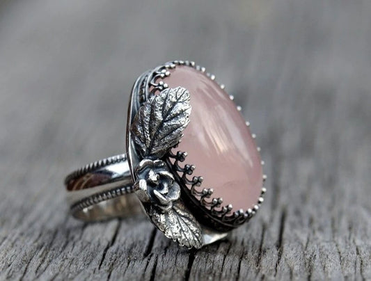 Vintage Women's Pink Gemstone Engraved Leaf Rings for Women Personality Punk Collectible Silver Rings Party Custom Jewelry