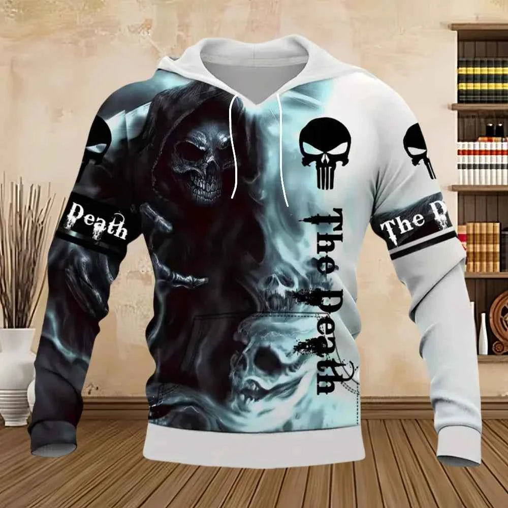 Men Fashion Four Seasons Hoodies Vintage Skull 3D Print Pullover Sweatshirts Men Comforts Kangaroo Pocket Y2k Hoodies Clothing