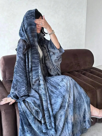 Women Tie Dye Loose Abaya Full Sleeve Open Front Abayas Turkey Kaftan Middle Eastern Arabian Maxi Dresses Jilbabs Without Hijab - AMULET RING STORE