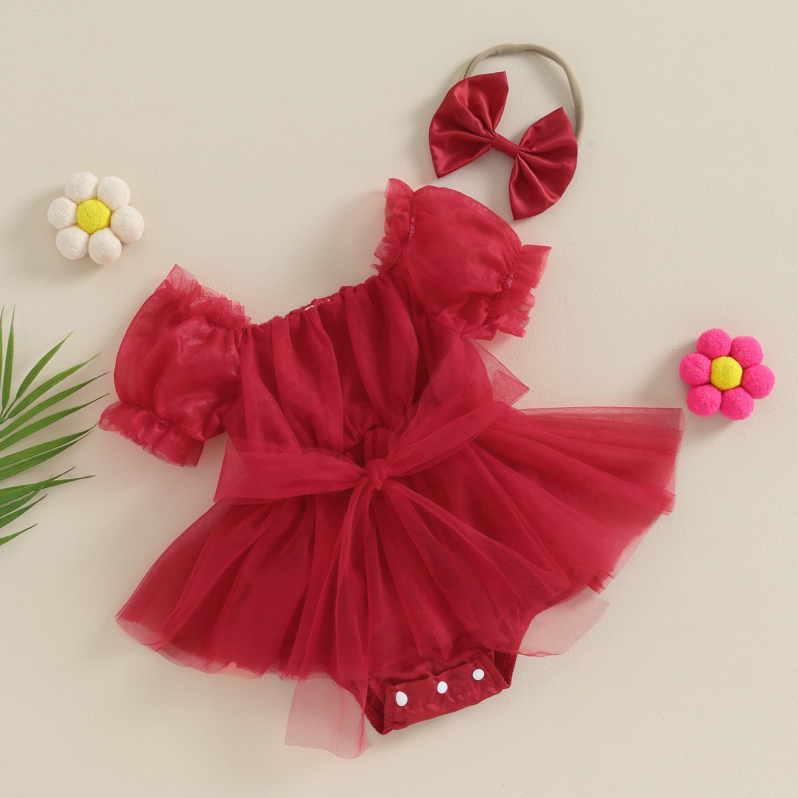 ma&baby 0-24M Christmas Newborn Infant Baby Girl Red Romper Tulle Bow Ruffle Jumpsuit Party Xmas Costumes Headband Outfits D05 - AMULET RING STORE