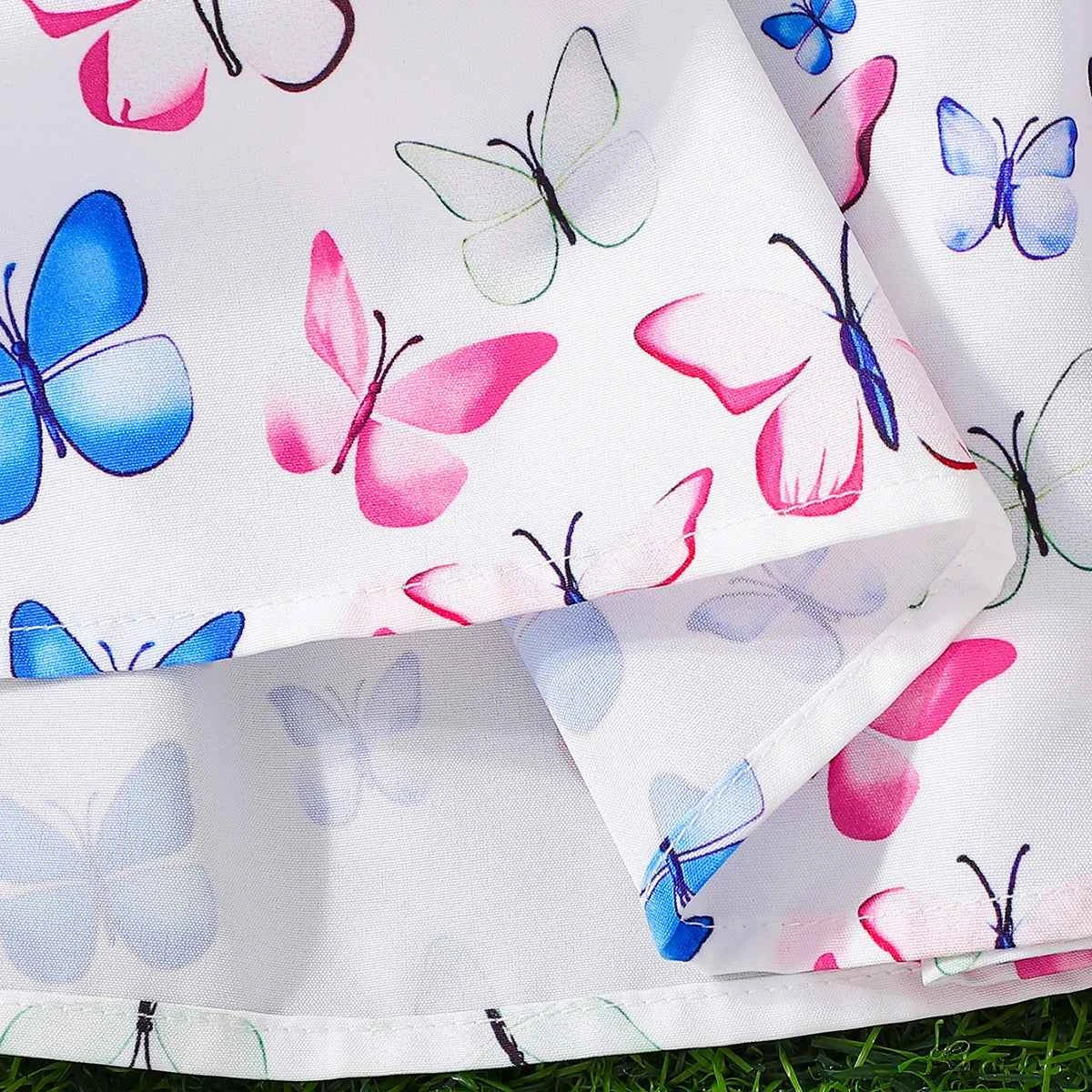 Girls Butterfly Print Dress Set with Flying Sleeves Pink Belt Waist Cinch Matching Hat Ensemble for Children's Clothing