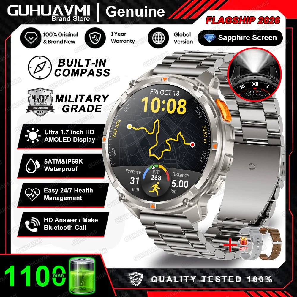 New Military T-Rex3 Ultra 1100mAh Battery Smart Watch 5 ATM Waterproof 1.7"AOD Compass GPS Sports tracker Outdoors Smartwatches