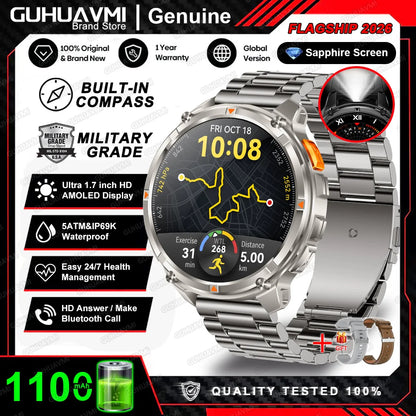 New Military T-Rex3 Ultra 1100mAh Battery Smart Watch 5 ATM Waterproof 1.7"AOD Compass GPS Sports tracker Outdoors Smartwatches