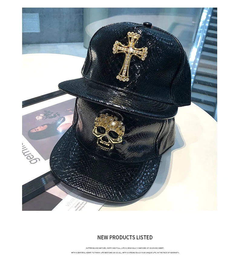 Leather Hip Hop Hat Street Personality Fashion Play Cool Baseball Cap Stage Show Hip Hop Dance Unisex Flat Brim Hats - AMULET RING STORE