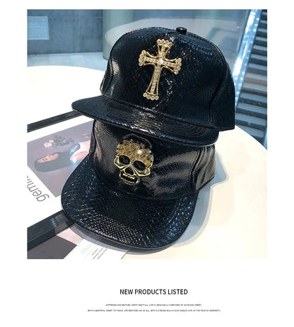 Leather Hip Hop Hat Street Personality Fashion Play Cool Baseball Cap Stage Show Hip Hop Dance Unisex Flat Brim Hats - AMULET RING STORE