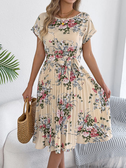 2025 Retro Floral Pattern Printed Dress Woman Elegant Spring Summer Round Neck Lace Up Short Sleeve Dress