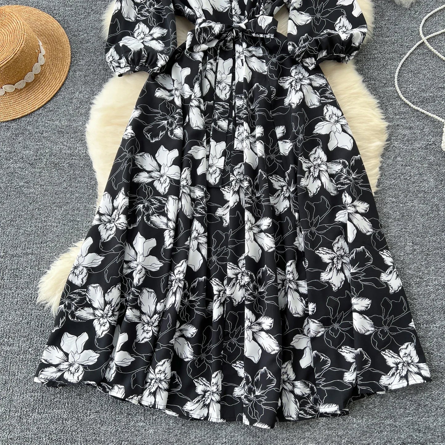 Elegant Boho Floral Print Floral Pleated Maxi Long Dress Female V Neck Puff Sleeve Belt Dresses Women Summer Dress Robe