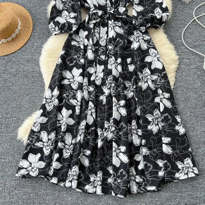 Elegant Boho Floral Print Floral Pleated Maxi Long Dress Female V Neck Puff Sleeve Belt Dresses Women Summer Dress Robe