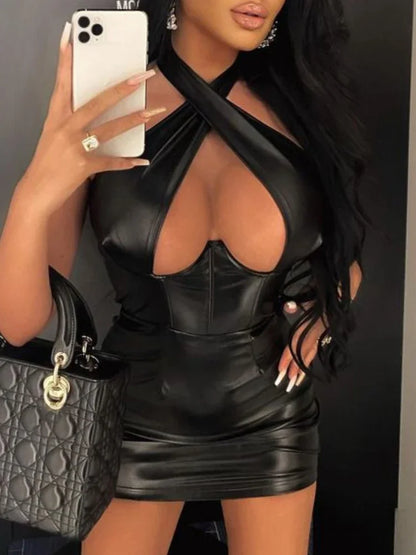 Sexy Off Shoulder Wrap Chest Hollow Out Imitation Leather Bodycon Dress Women Sleeveless Skinny Evening Dress Club Party - AMULET RING STORE