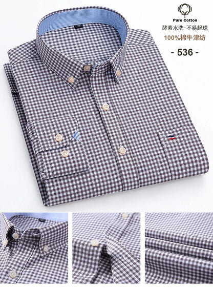100% Cotton Oxford Men's Shirts Long Sleeves Plaid Soft Regular Fit Formal Dress Shirt Pocket Social Blouse Male Clothes S-7XL