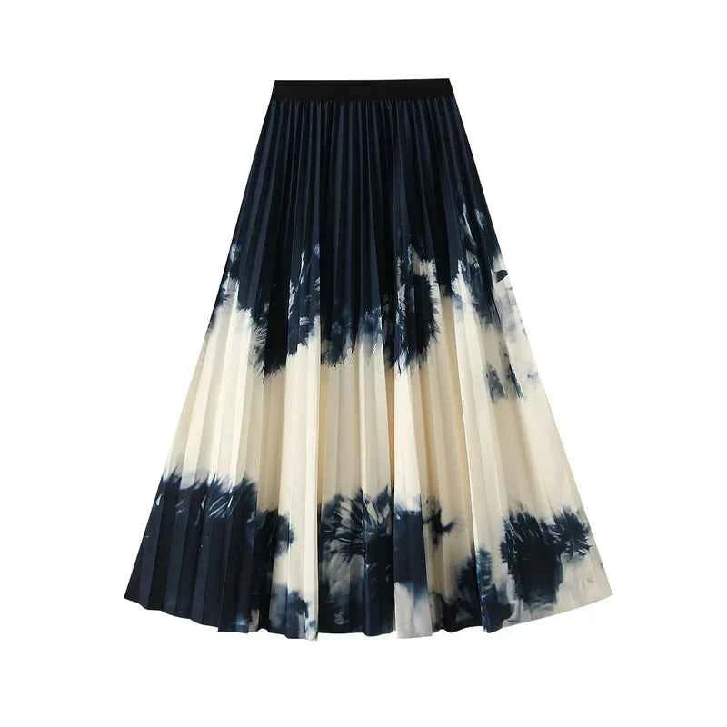Printed pleated skirt with elastic waistband, colorful flower big swing skirt, women's contrasting long skirt, A-line skirt, new