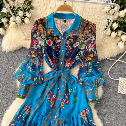 SINGREINY Vintage Print Chiffon Dresses Women Lantern Sleeve O Neck Design Fashion High Quality Court Floral Pleated Long Dress