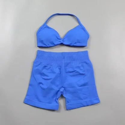 WHENG Gym Set 2 Piece Women Strappy Yoga Bra Top Workout Scrunch Shorts Sports Suit Fitness Clothes Seamless Yoga Set