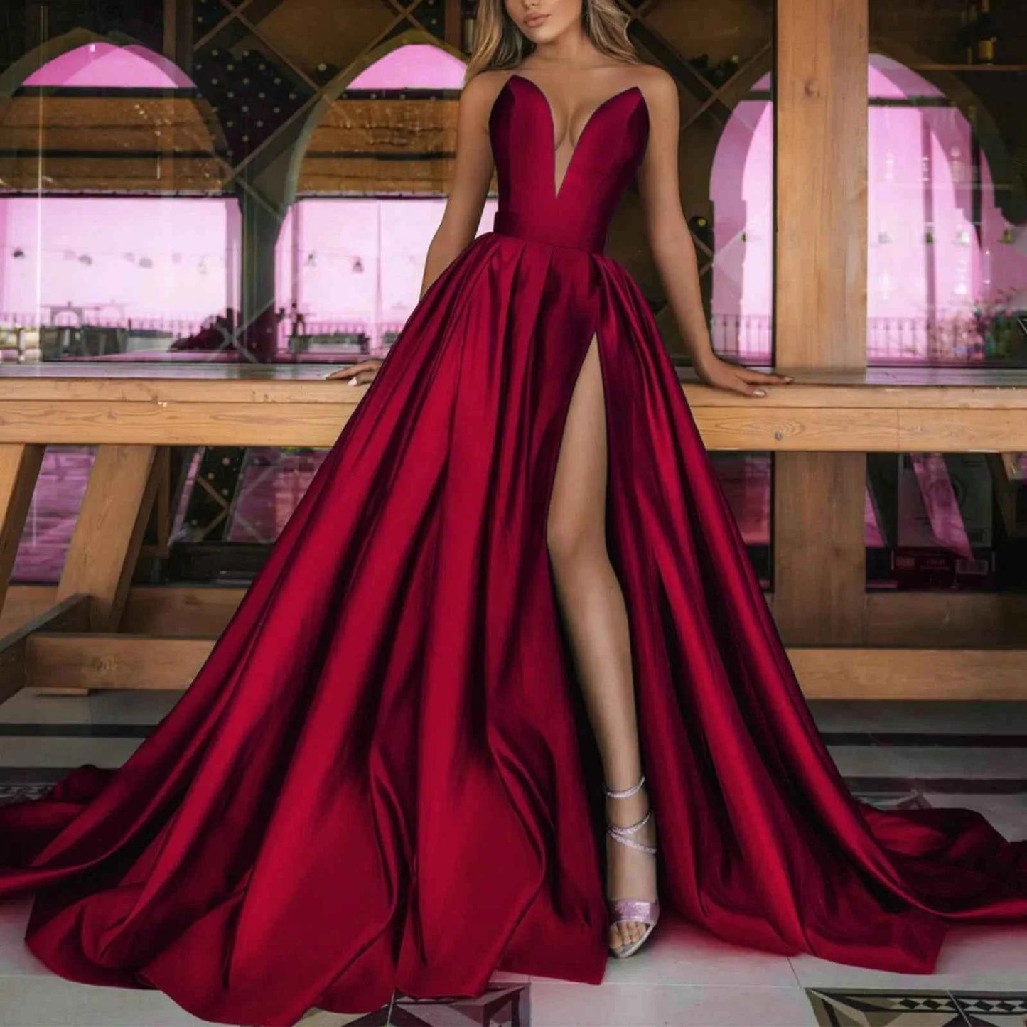 Gold Evening Dress Women Elegant Satin Sleeveless Off The Shoulder Split Bridal Formal Long Ball Gowns Trend Pageant Dress