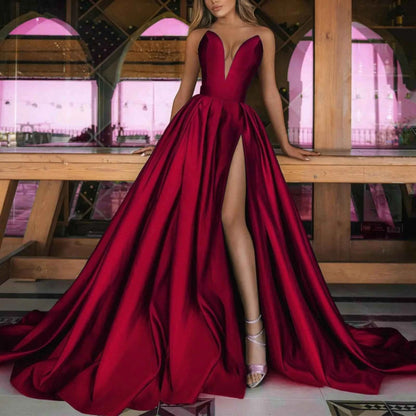 Gold Evening Dress Women Elegant Satin Sleeveless Off The Shoulder Split Bridal Formal Long Ball Gowns Trend Pageant Dress