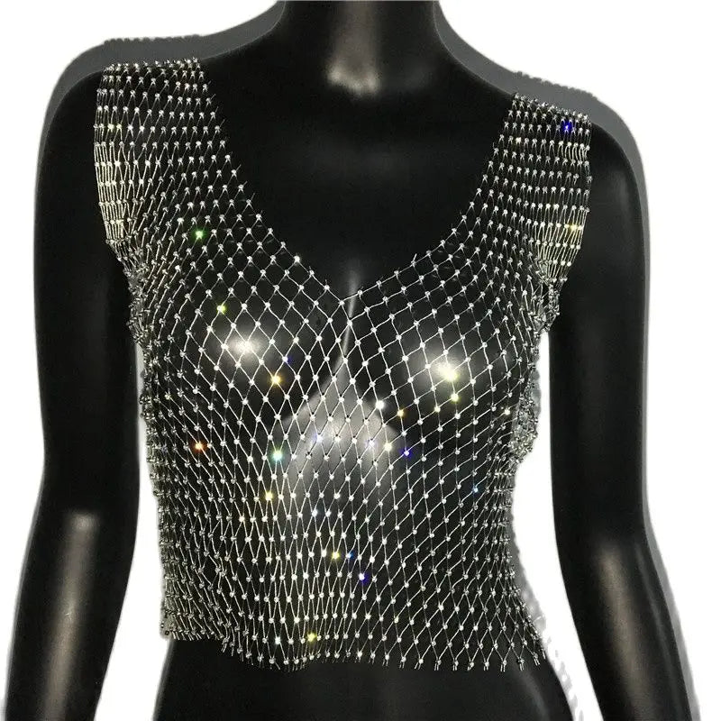 Women's Fishnet Rhinestone Crop Top 2024 Summer Sexy Mesh High Elastic Black White Shirt Net See Through Rave Diamond Tank Top - AMULET RING STORE