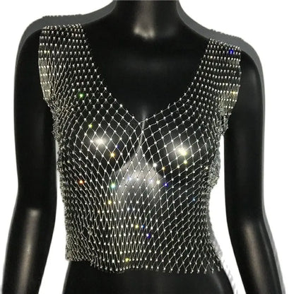 Women's Fishnet Rhinestone Crop Top 2024 Summer Sexy Mesh High Elastic Black White Shirt Net See Through Rave Diamond Tank Top - AMULET RING STORE