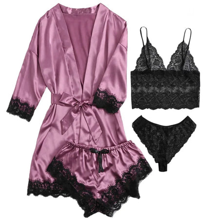 2025New Women's Pajama Fashion 4-piece Set Lace Satin Strap Sexy Pajama Set Dress Skin friendly Comfortable Casual Pajama Skirt - AMULET RING STORE