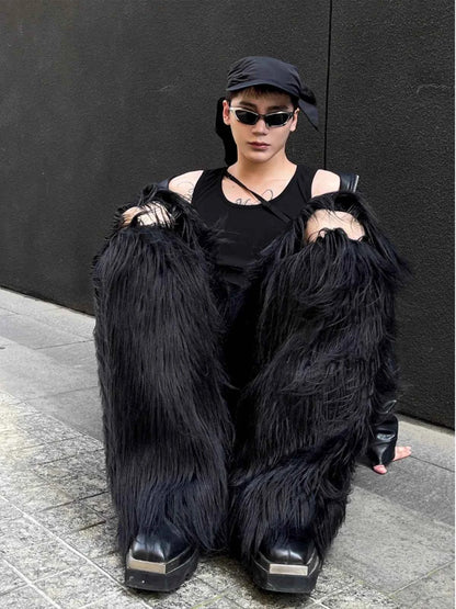 Mauroicardi Autumn Winter Long Black Thick Warm Hairy Shaggy Faux Fur Wide Leg Pants for Mens Luxury Designer Clothes Streetwear