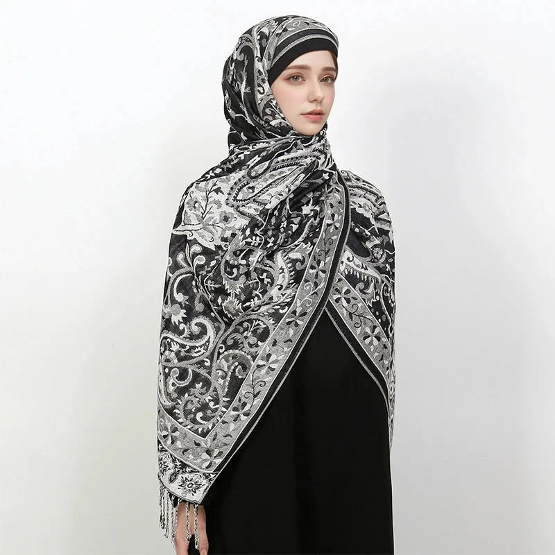 Luxury Pashimina Embroidery Muslim Hijab for Women Winter scarf Pareo Cape Warm Chunky Heaqdscarf Blue Lady Elegant Poncho - AMULET RING STORE