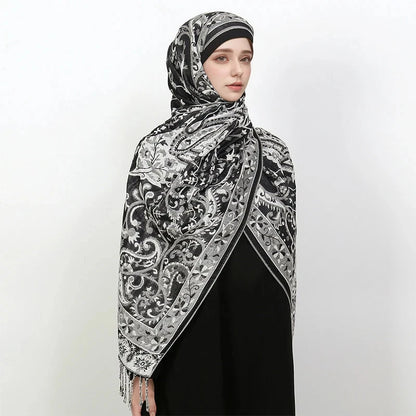 Luxury Pashimina Embroidery Muslim Hijab for Women Winter scarf Pareo Cape Warm Chunky Heaqdscarf Blue Lady Elegant Poncho - AMULET RING STORE