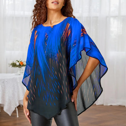Plus Size Women's Aurora Printed Gauze Cloak Sleeve Blouse Tunic Tops Ladies Summer Casual Loose T Shirts Tee XL 2XL 3XL 4XL 5XL