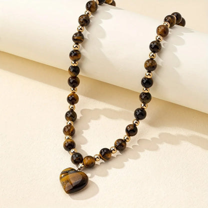 Luxurious Tiger Eye Stone Beaded Necklace for Women Men Heart Pendant High Quality Choker Elegant Style Jewelry Accessories Gift