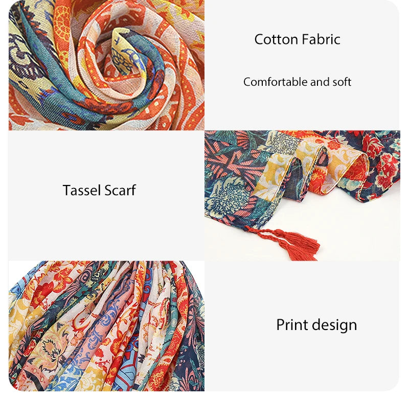 Elegant Floral Printed Hijab Cotton Viscose Tassel Shawl For Woman Fashion Beach Long Scarf Ladies Flower Headscarf 185*100cm - AMULET RING STORE