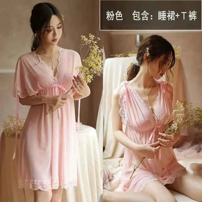 Sexy Sleepwear Women V-neck Nightgown Sexy Nightdress Lace Mesh Pajama Loungewear Summer Dress Nightwear Night Wear