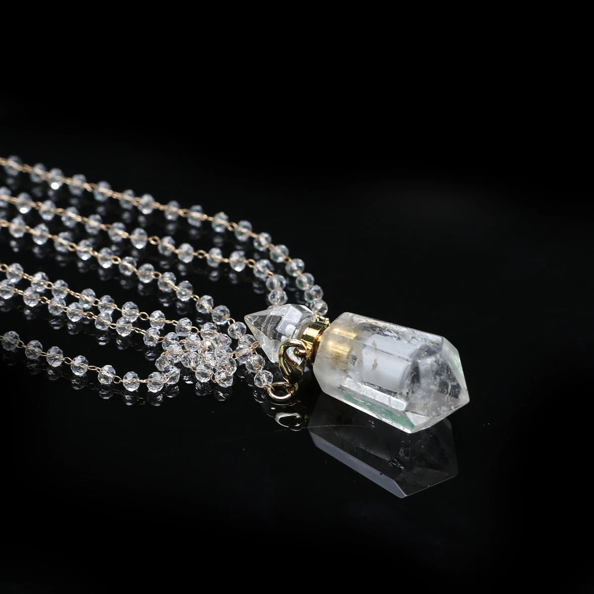Natural Stone Rose Clear Quartz Perfume Bottle Pendant Pearl Gravel Chain Essential Oil Diffuser Charms Women Jewerly Necklace - AMULET RING STORE