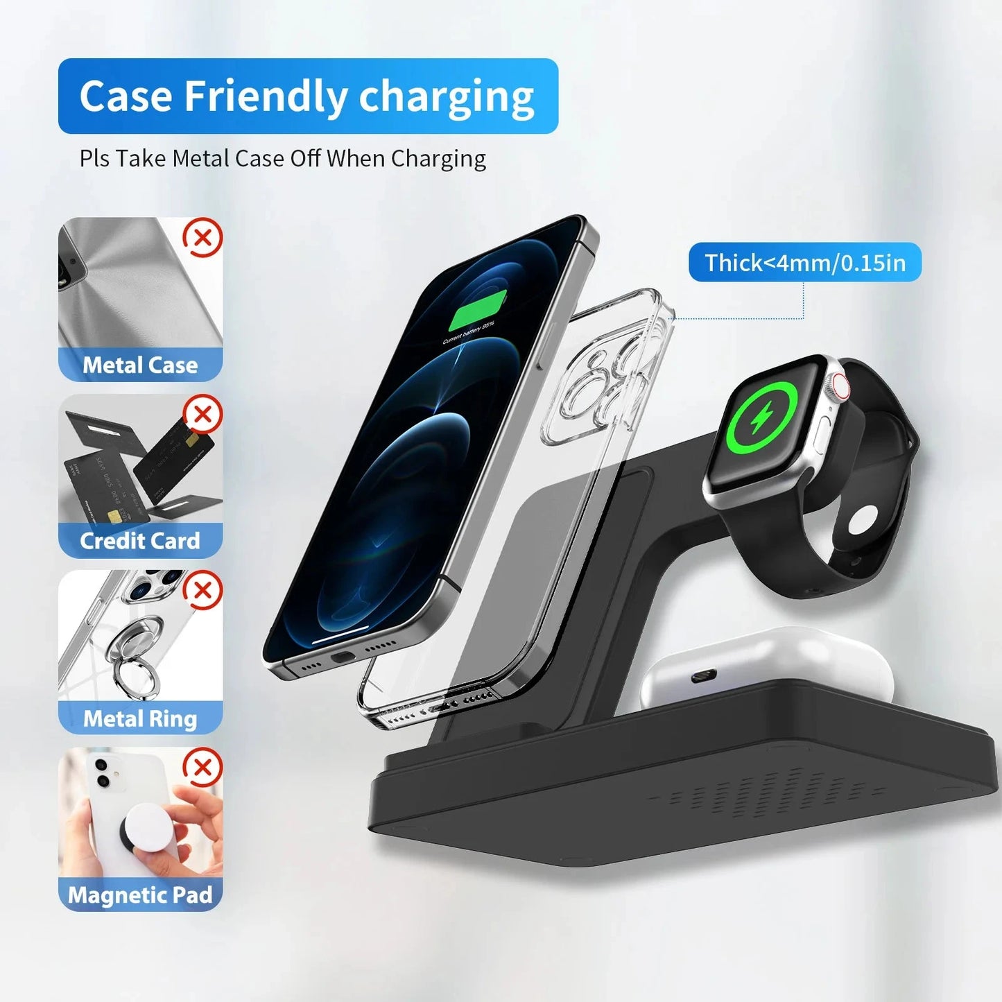 Magnetic Wireless Charger Fast 18W Adapter QC3.0 Certified Foldable Sleep-Friendly iPhone11-15 XS 8 Plus Samsung Galaxy iWatch