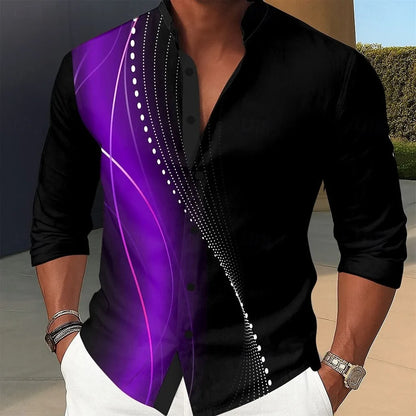 Men's Long Sleeve Geometric Lines Shirt Gradient Color Button Short Sleeve Casual Fashion 3D Printed Flap Collar Shirt