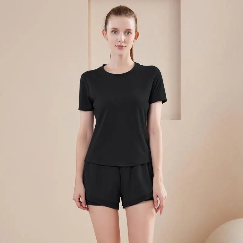 Yoga Set Women Sport T-Shirt Back Mesh Design High Waist Shorts Quick Dry Run Yoga Sports Short Sleeve Shorts Two-piece Yoga Set