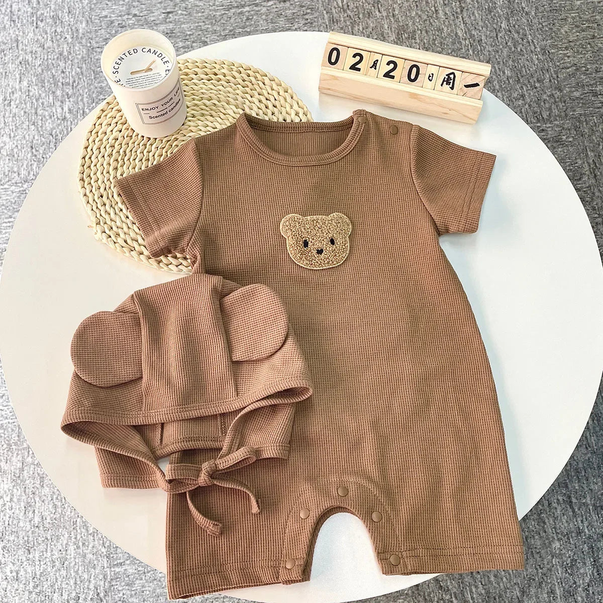 Cotton Romper Gift Hat with Ear New In Summer Kids Baby Girls Boys Short Sleeve Waffle Patch Bear Infant Newborn Jumpsuits - AMULET RING STORE