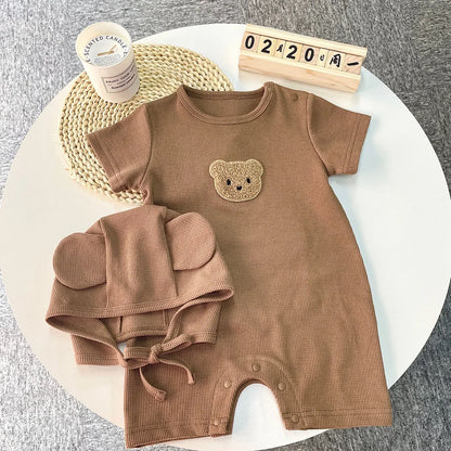 Cotton Romper Gift Hat with Ear New In Summer Kids Baby Girls Boys Short Sleeve Waffle Patch Bear Infant Newborn Jumpsuits - AMULET RING STORE