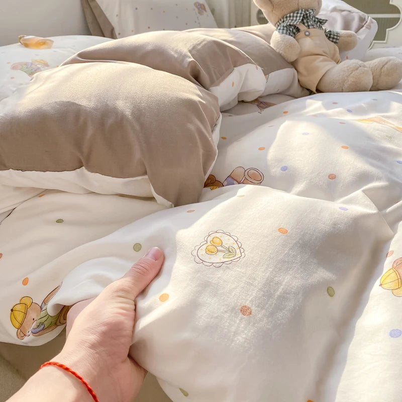 Korean Retro Floral Bedding Set 100% Washed Cotton Bed Sheets Set Soft Duvet Cover Bed Linen Pillowcase Single Double Queen King - AMULET RING STORE