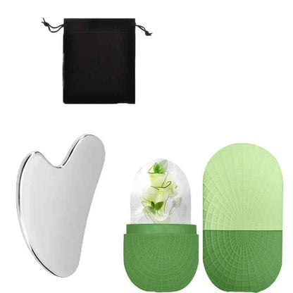 3-piece facial cleansing tool, stainless steel heart-shaped scraping tool, ice facial roller, a flannel bag