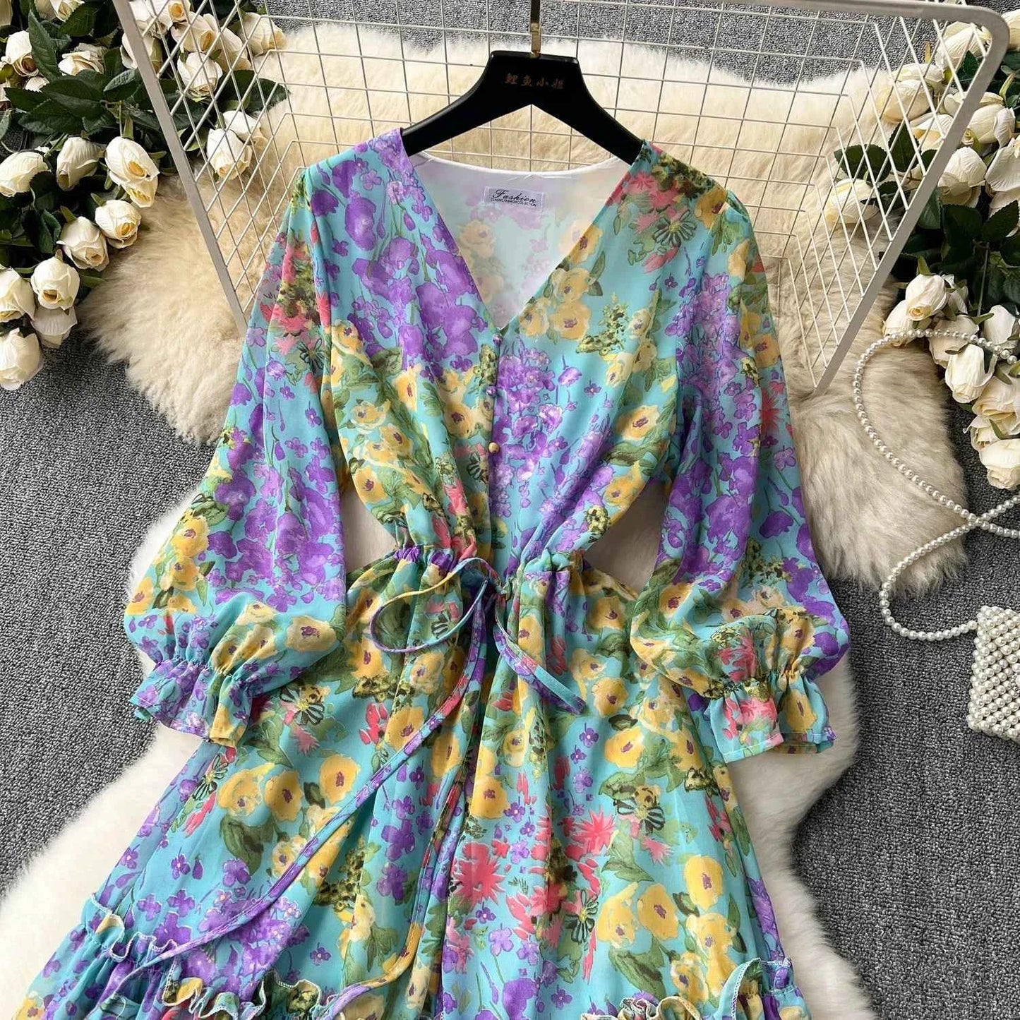 2026 Romantic Floral Print Chiffon Long Sleeve Dress Women Sexy V-neck A Line Beach Vestidos Elegant Elastic Waist Party Dress