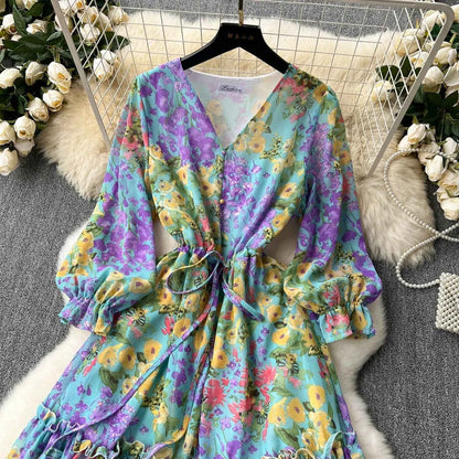 2026 Romantic Floral Print Chiffon Long Sleeve Dress Women Sexy V-neck A Line Beach Vestidos Elegant Elastic Waist Party Dress