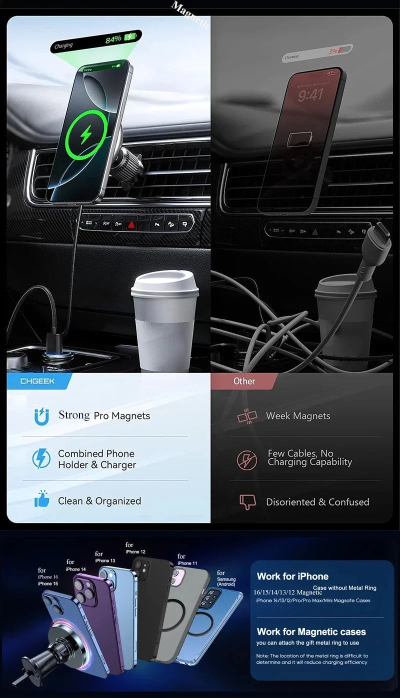 UYUXIO Magnet Wireless Car Charger 15W Fast Charging Magnetic Car Mount Phone Holder Air Vent for iPhone 16 15 14 13 Pro Max 12
