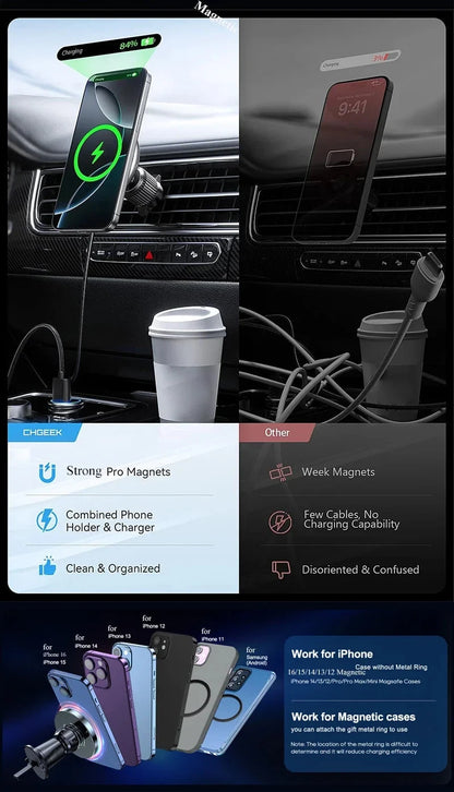 UYUXIO Magnet Wireless Car Charger 15W Fast Charging Magnetic Car Mount Phone Holder Air Vent for iPhone 16 15 14 13 Pro Max 12