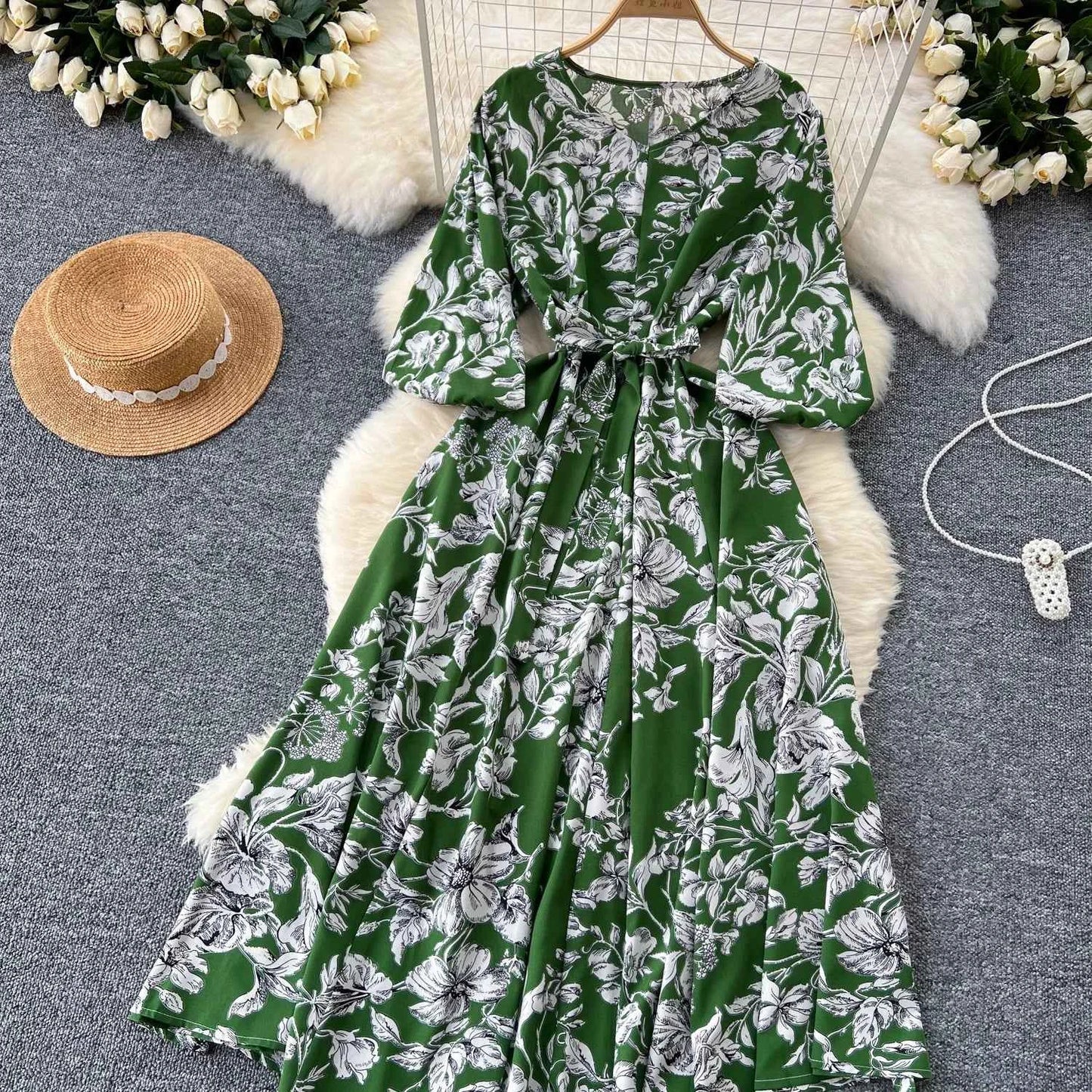 Elegant Boho Floral Print Floral Pleated Maxi Long Dress Female V Neck Puff Sleeve Belt Dresses Women Summer Dress Robe