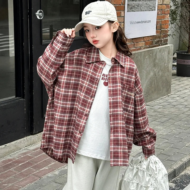 2025 Spring Girls Plaid Shirt Comfort Fashion Teen Kids Tops Clothes Casual All-match Long Sleeve Children Blouse 10 12 13 Years